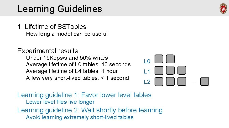 Learning Guidelines 1. Lifetime of SSTables How long a model can be useful Experimental