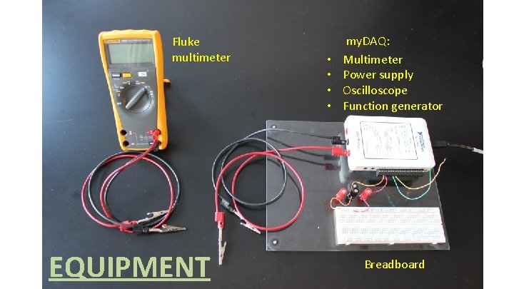 Fluke multimeter EQUIPMENT • • my. DAQ: Multimeter Power supply Oscilloscope Function generator Breadboard