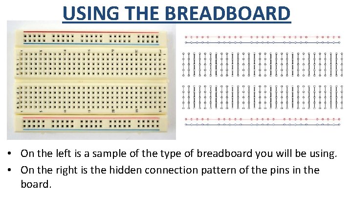 USING THE BREADBOARD • On the left is a sample of the type of