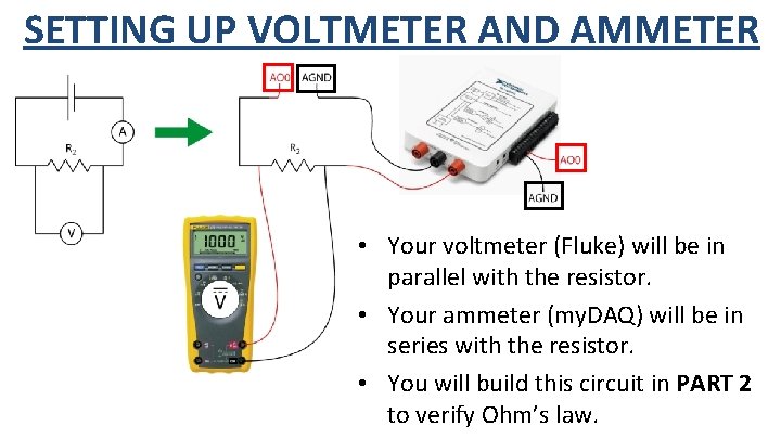 SETTING UP VOLTMETER AND AMMETER • Your voltmeter (Fluke) will be in parallel with