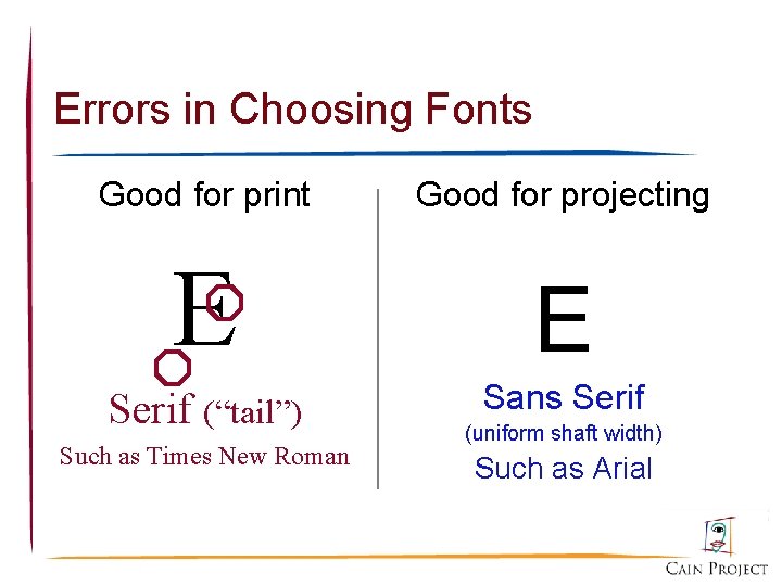 Errors in Choosing Fonts Good for print Good for projecting E E Serif (“tail”)