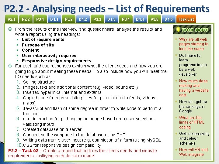 P 2. 2 - Analysing needs – List of Requirements P 2. 1 P