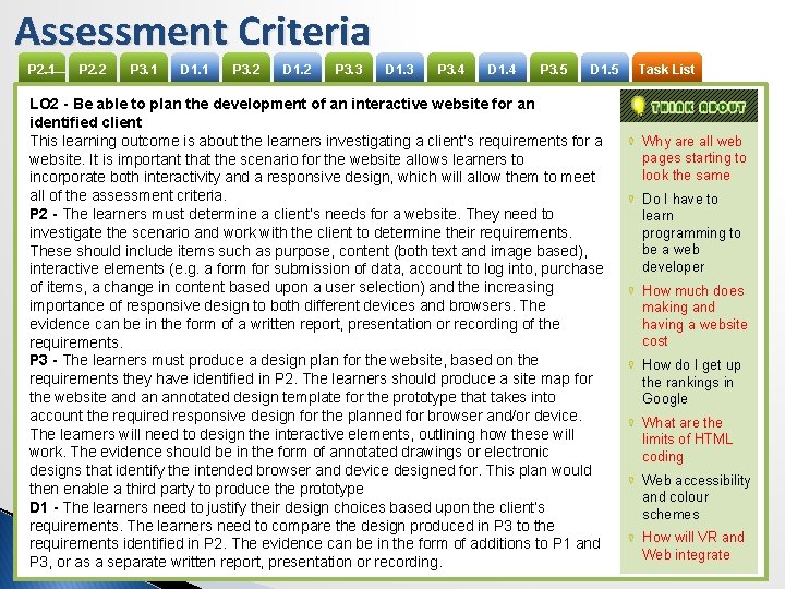 Assessment Criteria P 2. 1 P 2. 2 P 3. 1 D 1. 1