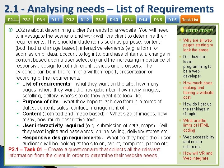 2. 1 - Analysing needs – List of Requirements P 2. 1 P 2.