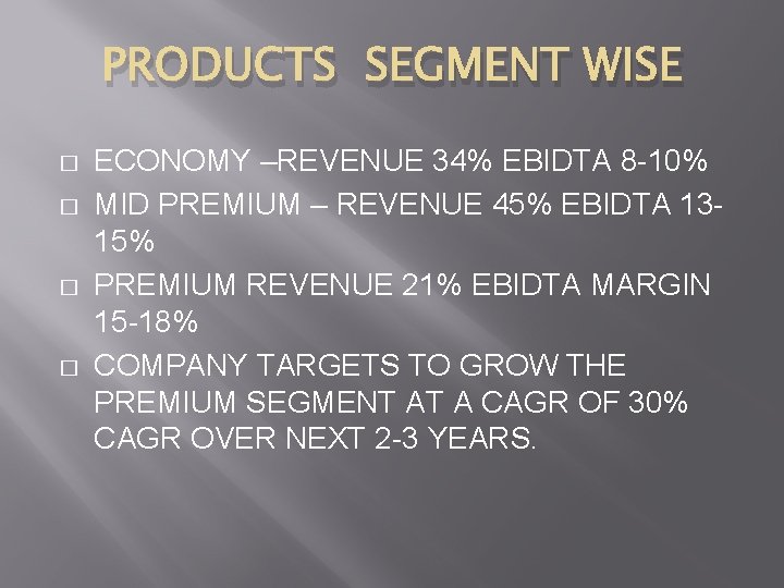 PRODUCTS SEGMENT WISE � � ECONOMY –REVENUE 34% EBIDTA 8 -10% MID PREMIUM –
