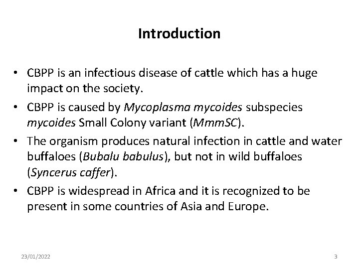 Introduction • CBPP is an infectious disease of cattle which has a huge impact