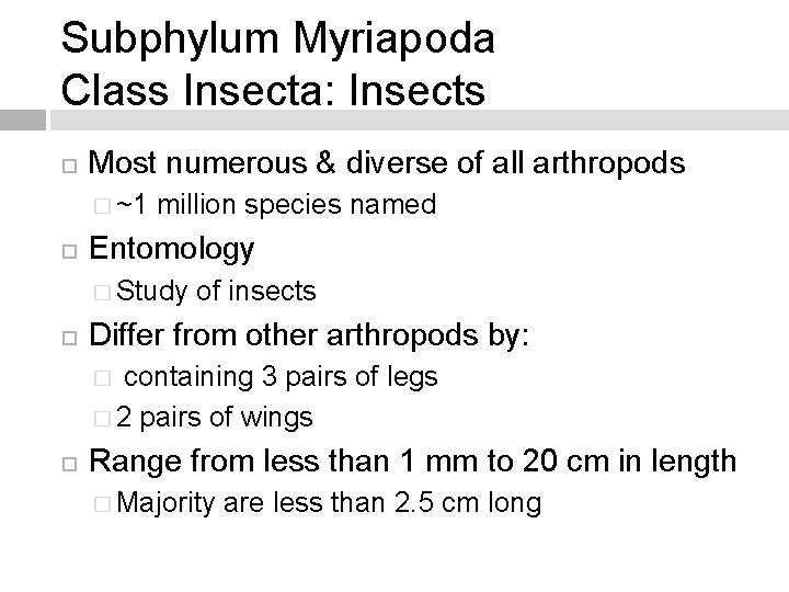 Subphylum Myriapoda Class Insecta: Insects Most numerous & diverse of all arthropods � ~1