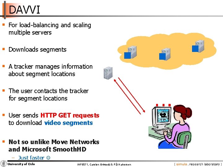 DAVVI § For load-balancing and scaling multiple servers § Downloads segments § A tracker