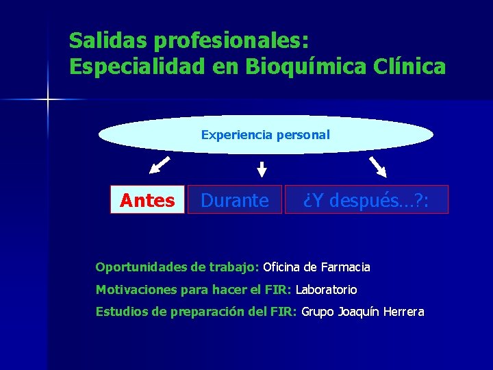 Salidas profesionales: Especialidad en Bioquímica Clínica Experiencia personal Antes Durante ¿Y después…? : Oportunidades