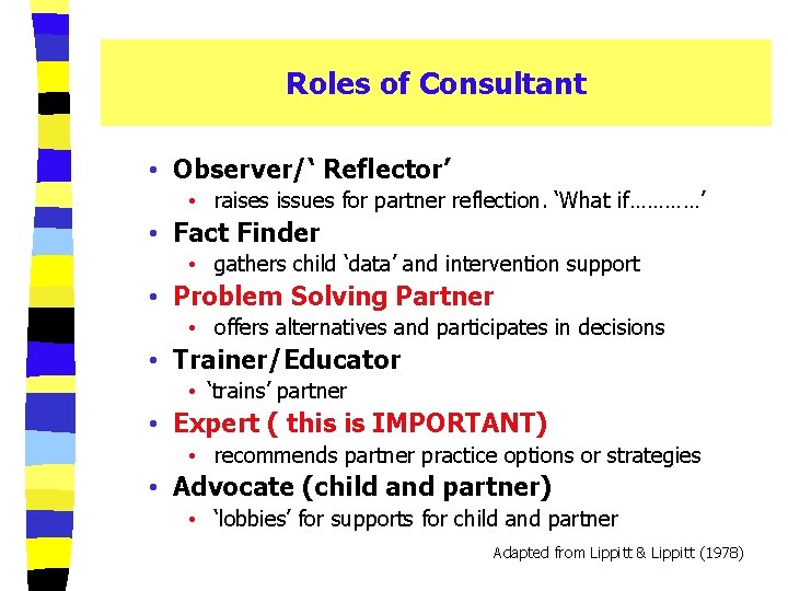 Roles of Consultant • Observer/‘ Reflector’ • raises issues for partner reflection. ‘What if…………’