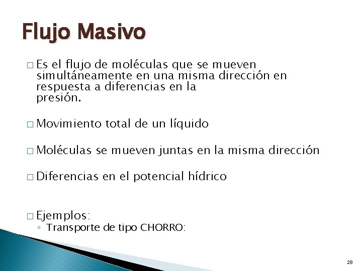 Flujo Masivo � Es el flujo de moléculas que se mueven simultáneamente en una Flujo Masivo � Es el flujo de moléculas que se mueven simultáneamente en una
