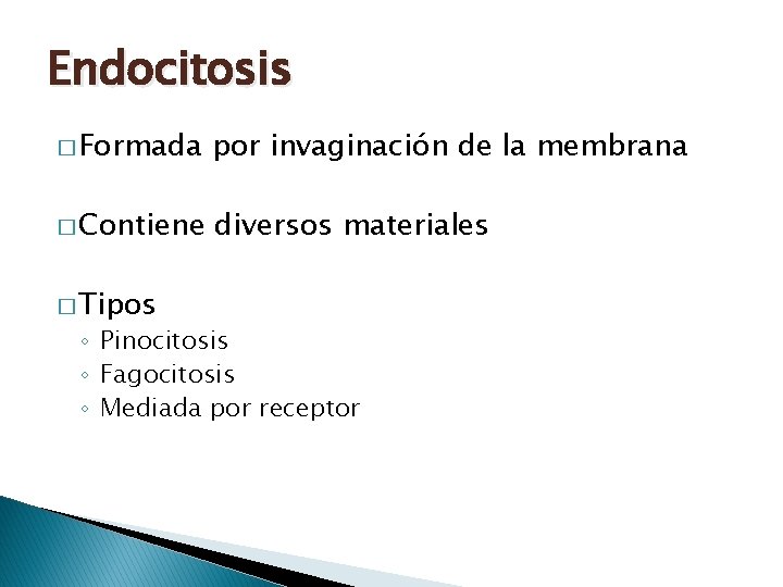 Endocitosis � Formada por invaginación de la membrana � Contiene diversos materiales � Tipos