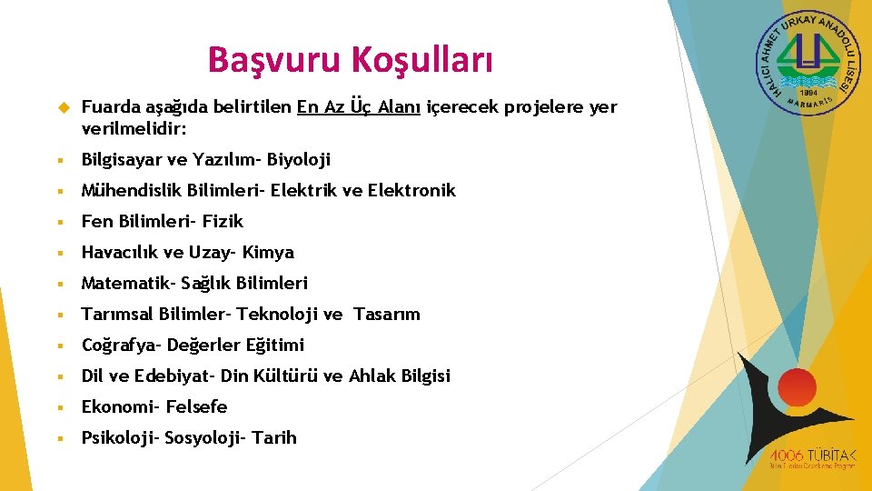 Başvuru Koşulları Fuarda aşağıda belirtilen En Az Üç Alanı içerecek projelere yer verilmelidir: §