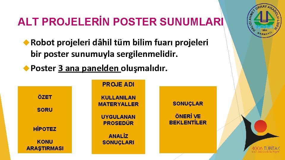 ALT PROJELERİN POSTER SUNUMLARI Robot projeleri dâhil tüm bilim fuarı projeleri bir poster sunumuyla