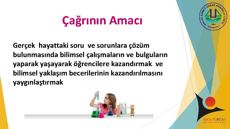 Çağrının Amacı Gerçek hayattaki soru ve sorunlara çözüm bulunmasında bilimsel çalışmaların ve bulguların yaparak