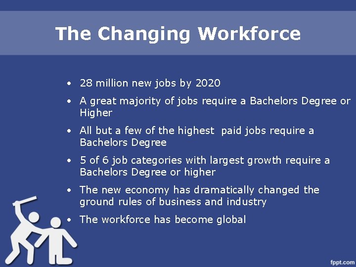 The Changing Workforce • 28 million new jobs by 2020 • A great majority