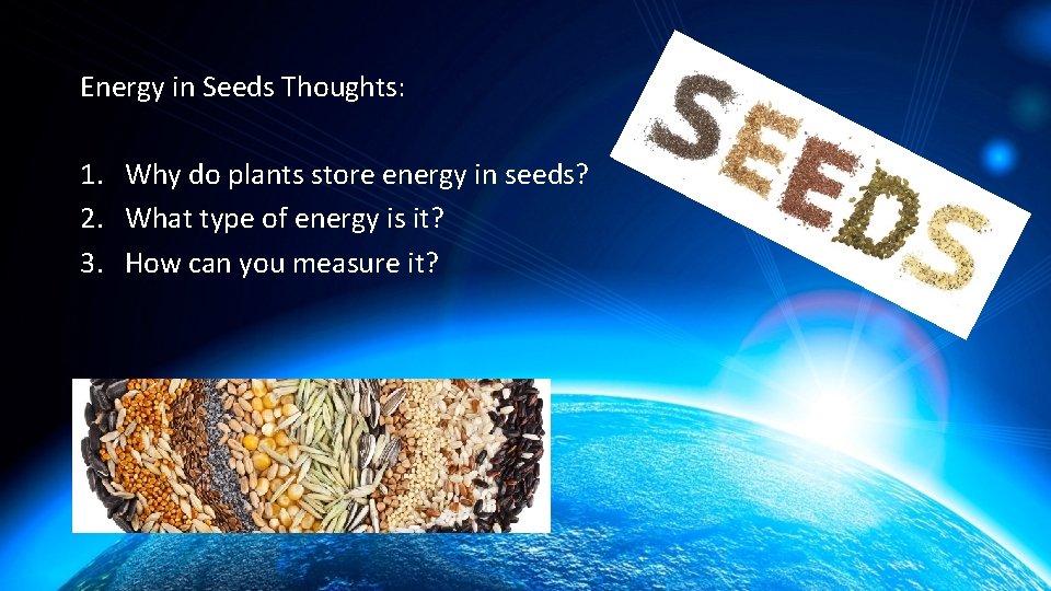 Energy in Seeds Thoughts: 1. Why do plants store energy in seeds? 2. What