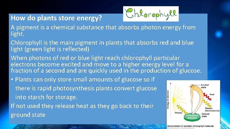 How do plants store energy? A pigment is a chemical substance that absorbs photon