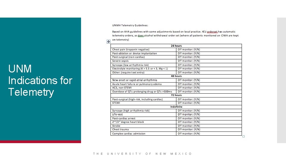 UNM Indications for Telemetry T H E U N I V E R S