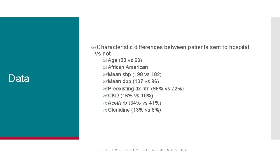  Characteristic differences between patients sent to hospital vs not Age (58 vs 63)