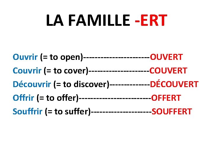 LA FAMILLE -ERT Ouvrir (= to open)------------OUVERT Couvrir (= to cover)-----------COUVERT Découvrir (= to