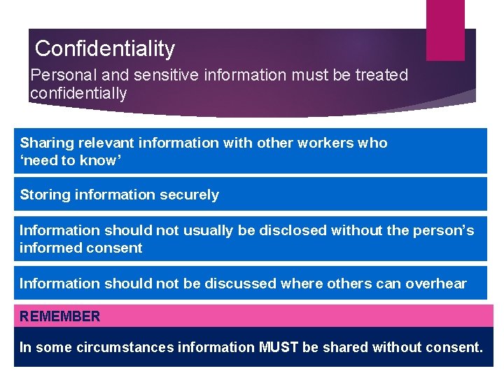 Confidentiality Personal and sensitive information must be treated confidentially Sharing relevant information with other