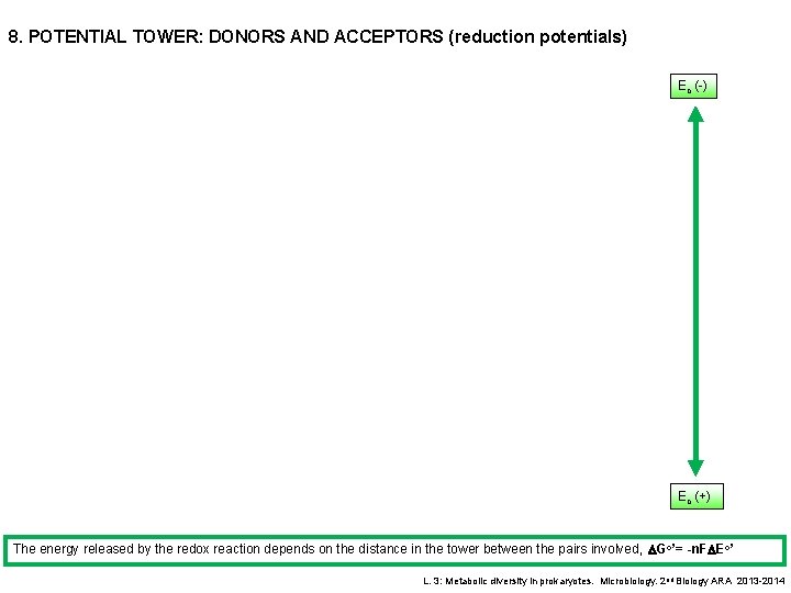 8. POTENTIAL TOWER: DONORS AND ACCEPTORS (reduction potentials) Eo (-) Eo (+) The energy