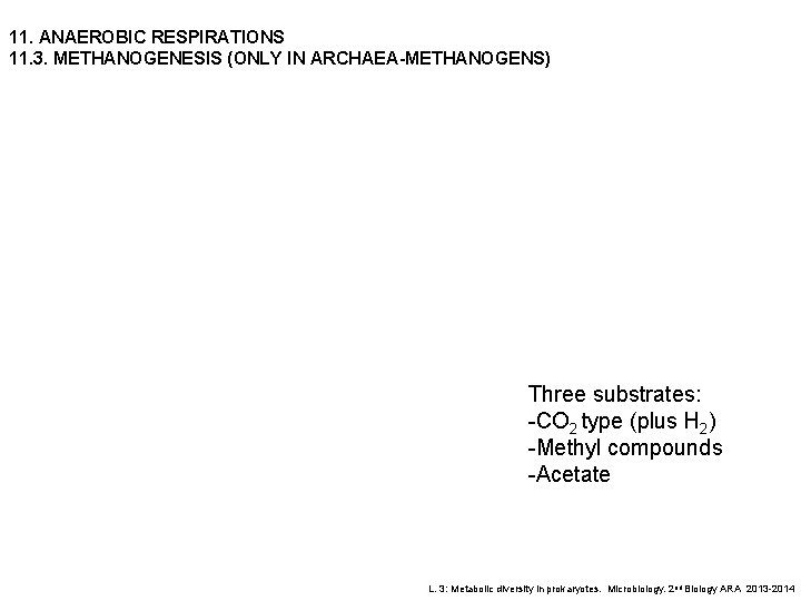 11. ANAEROBIC RESPIRATIONS 11. 3. METHANOGENESIS (ONLY IN ARCHAEA-METHANOGENS) Three substrates: -CO 2 type