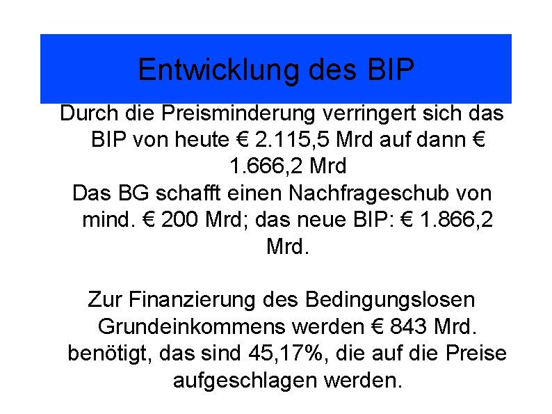 Entwicklung des BIP Durch die Preisminderung verringert sich das BIP von heute € 2.