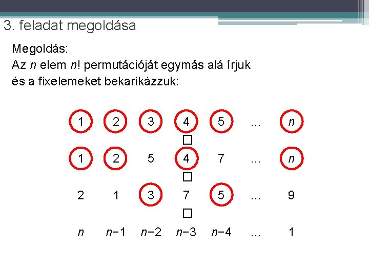 3. feladat megoldása Megoldás: Az n elem n! permutációját egymás alá írjuk és a