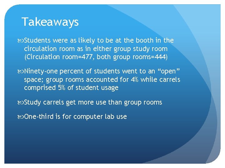 Takeaways Students were as likely to be at the booth in the circulation room