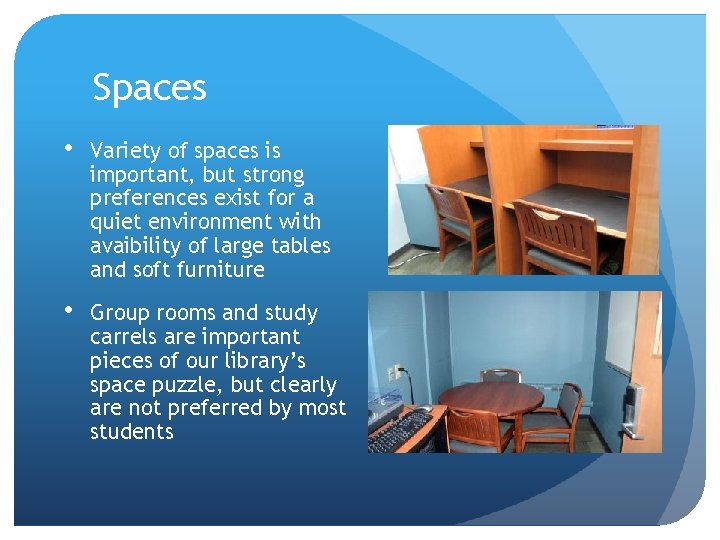 Spaces • Variety of spaces is important, but strong preferences exist for a quiet