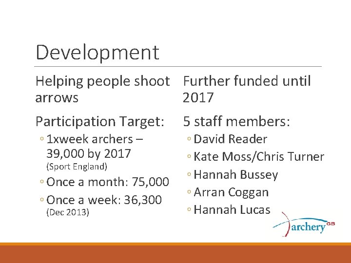 Development Helping people shoot Further funded until arrows 2017 Participation Target: ◦ 1 xweek