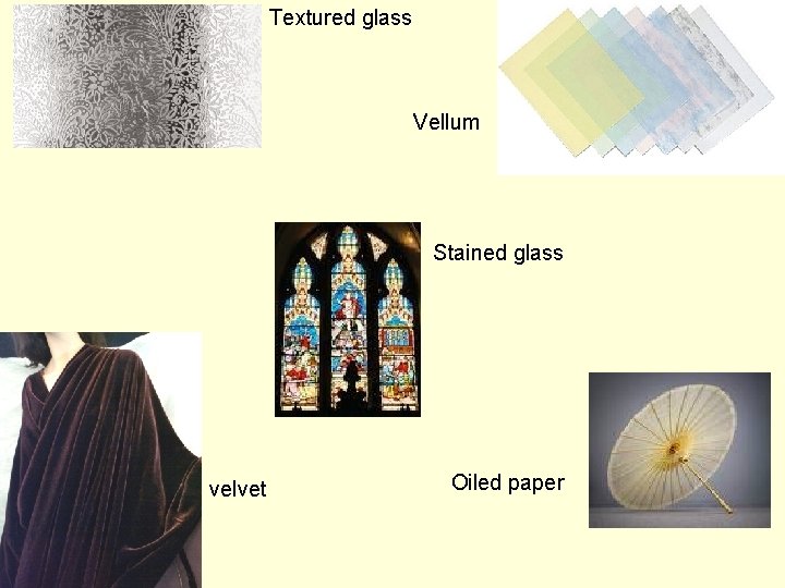 Textured glass Vellum Stained glass velvet Oiled paper 
