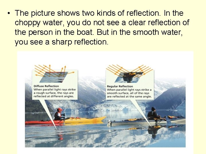  • The picture shows two kinds of reflection. In the choppy water, you