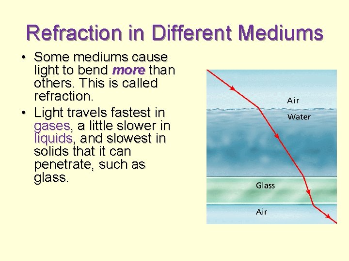 Refraction in Different Mediums • Some mediums cause light to bend more than others.