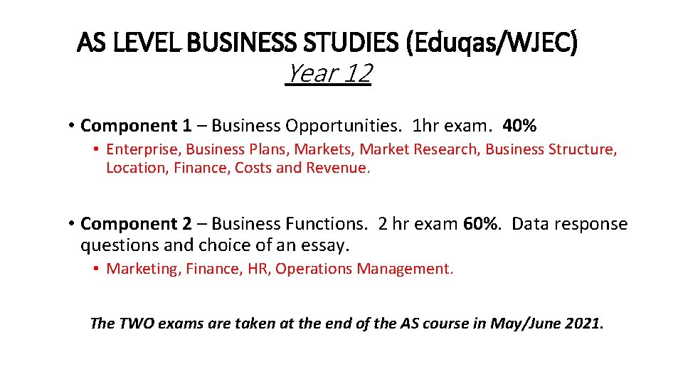 AS LEVEL BUSINESS STUDIES (Eduqas/WJEC) Year 12 • Component 1 – Business Opportunities. 1