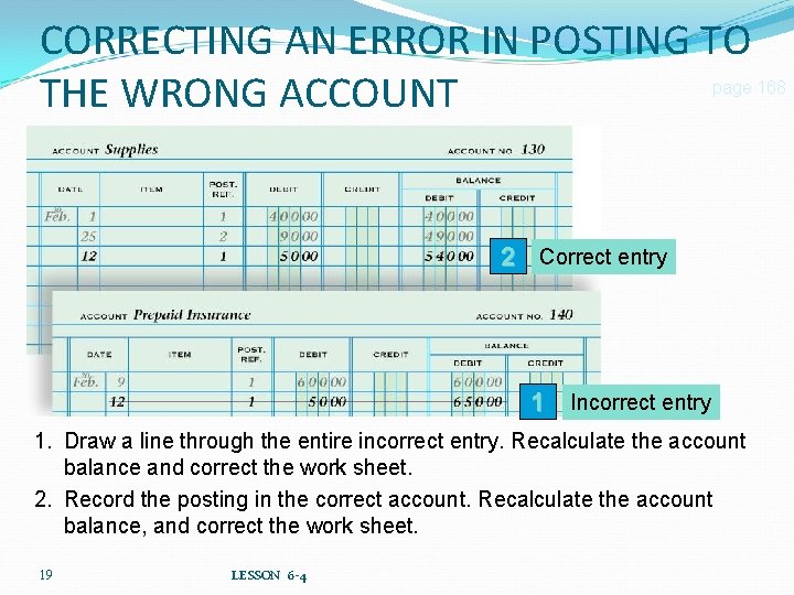 CORRECTING AN ERROR IN POSTING TO THE WRONG ACCOUNT page 168 2 Correct entry