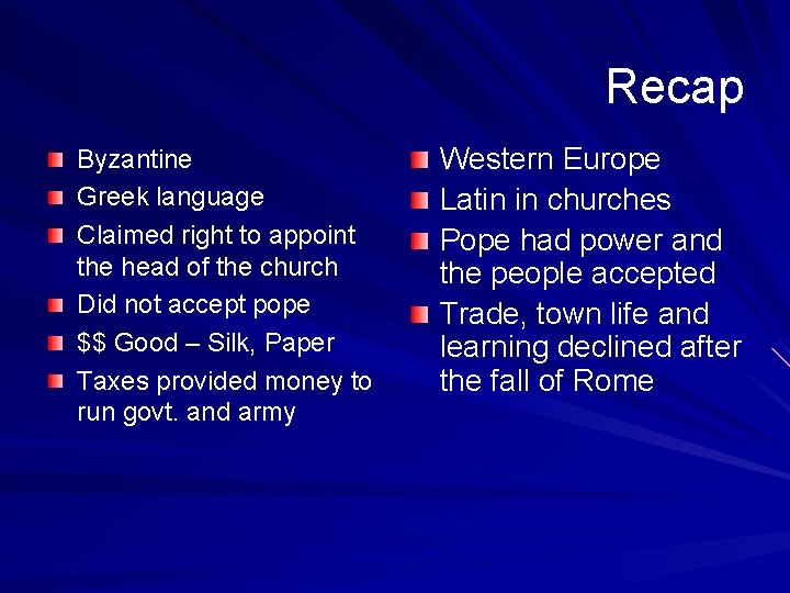 Recap Byzantine Greek language Claimed right to appoint the head of the church Did