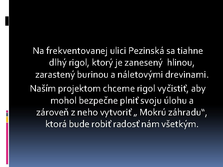 Na frekventovanej ulici Pezinská sa tiahne dlhý rigol, ktorý je zanesený hlinou, zarastený burinou