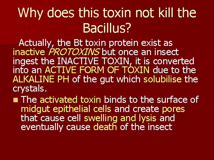 Why does this toxin not kill the Bacillus? Actually, the Bt toxin protein exist