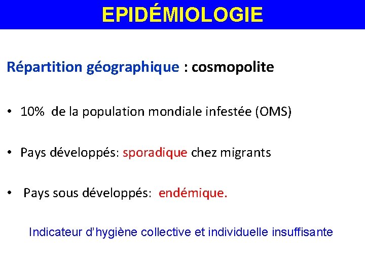 EPIDÉMIOLOGIE Répartition géographique : cosmopolite • 10% de la population mondiale infestée (OMS) •