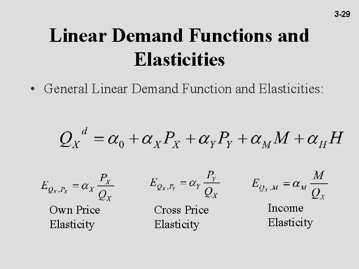 3 -29 Linear Demand Functions and Elasticities • General Linear Demand Function and Elasticities: