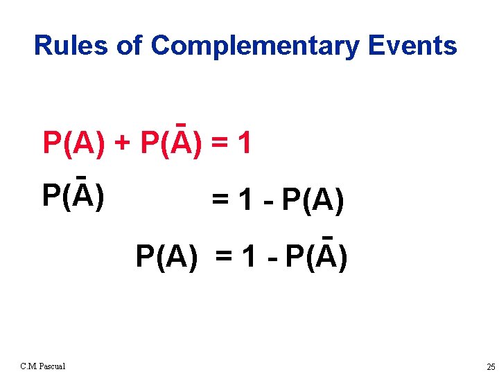 Rules of Complementary Events P(A) + P(A) = 1 - P(A) C. M. Pascual