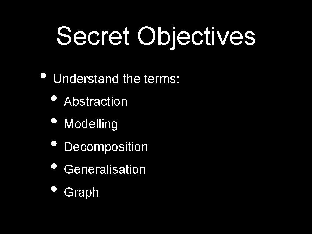 Secret Objectives • Understand the terms: • Abstraction • Modelling • Decomposition • Generalisation