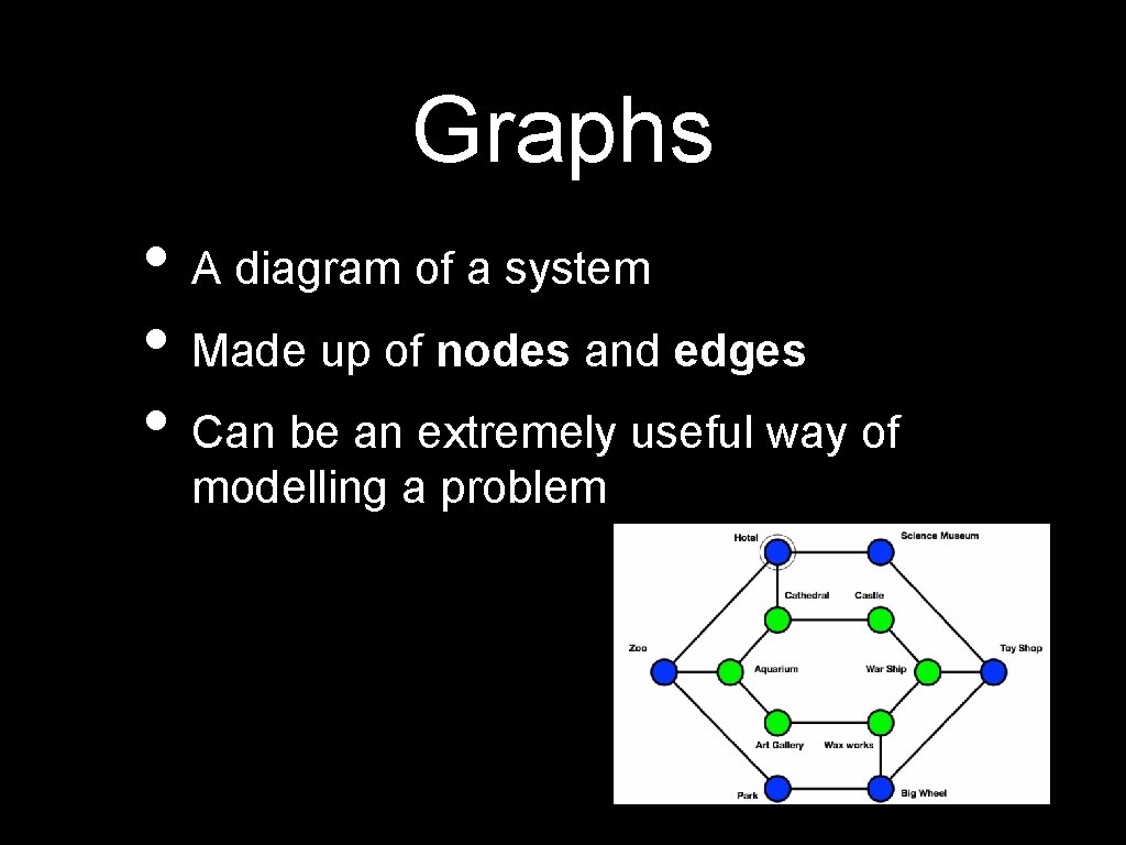 Graphs • A diagram of a system • Made up of nodes and edges