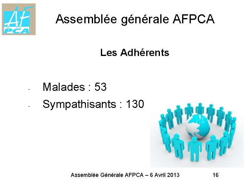 Assemblée générale AFPCA MARS 2012 Les Adhérents - Malades : 53 - Sympathisants :