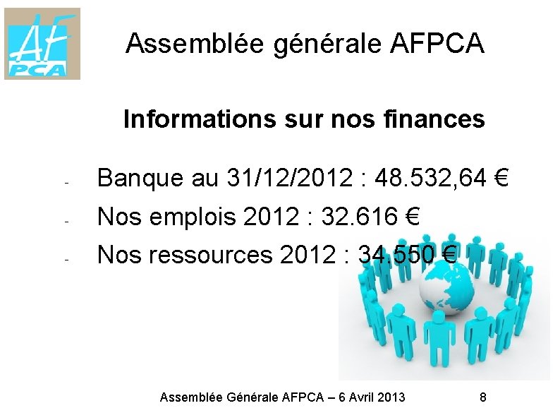 Assemblée générale AFPCA MARS 2012 Informations sur nos finances - Banque au 31/12/2012 :