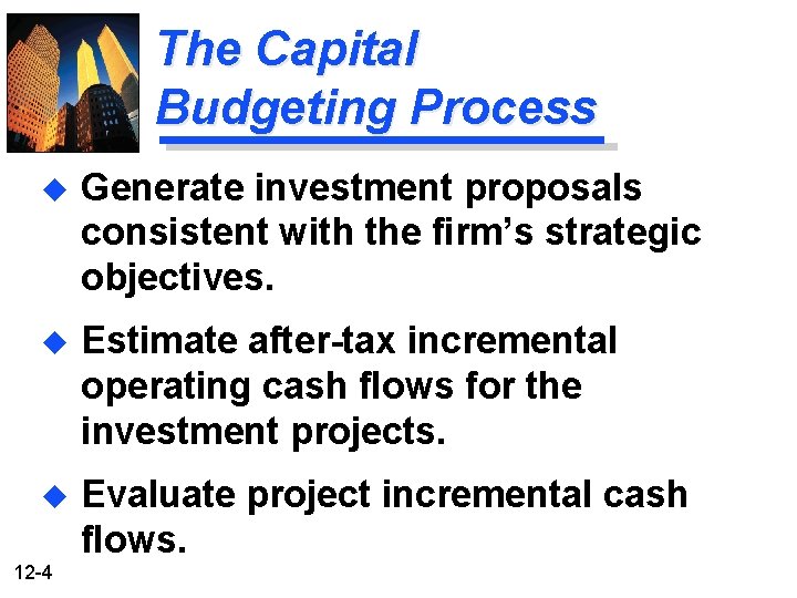 The Capital Budgeting Process u Generate investment proposals consistent with the firm’s strategic objectives.