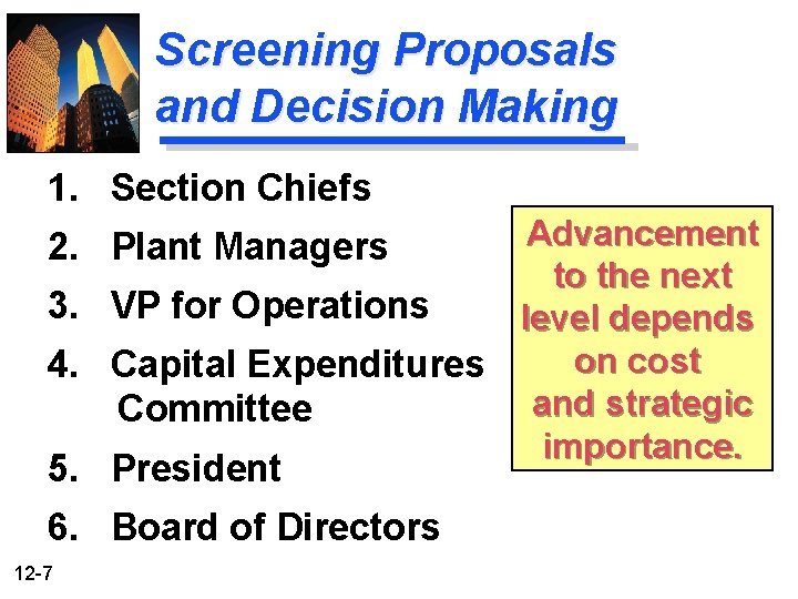 Screening Proposals and Decision Making 1. Section Chiefs Advancement to the next 3. VP